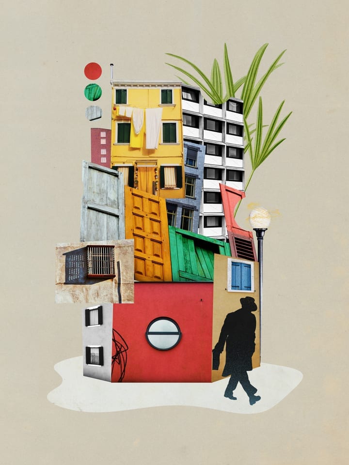 Digital collage of colorful stacked houses and doors forming a surreal vertical structure, with a walking silhouette, streetlamp, and green plan, digital collage illustration