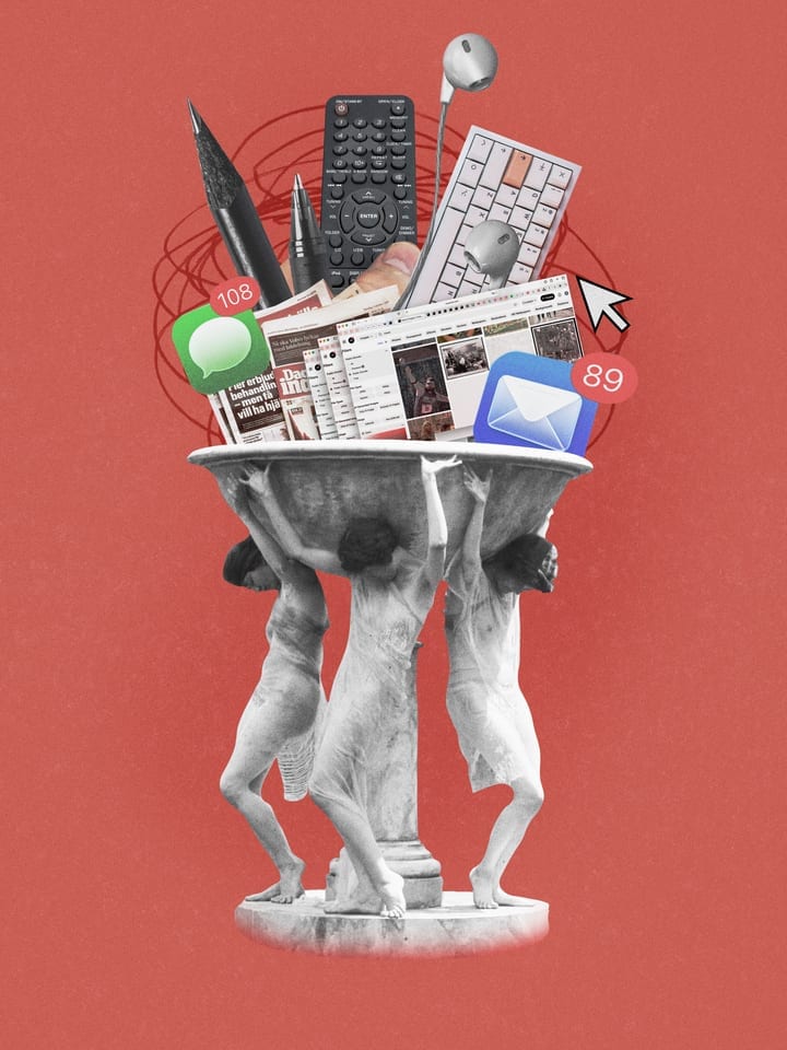 Information overload, digital collage illustration when the new is to much and you just can't handle it