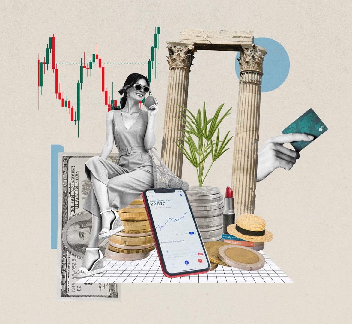 Digital collage with a stylish woman sitting on stacks of coins near ancient columns, a rising stock chart, a smartphone showing investment growth, a dollar bill, a credit card, books, lipstick, and a